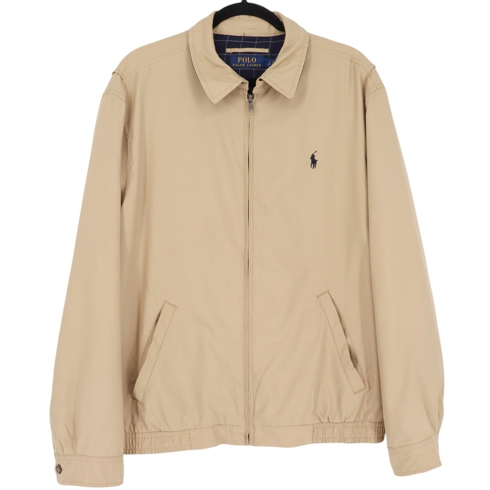 Polo Ralph Lauren Bi-Swing Bomber Jacket Size L Khaki Tan Full Zip Plaid Lined